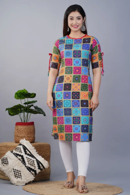 Rayon Printed Kurti for Women (Blue,M)